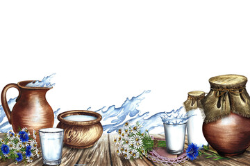 Dairy products in ceramic and glassware on a wooden table. Banner. Watercolor hand drawn illustration. White background. For the design of dairy products advertising banner, packaging, flyer.