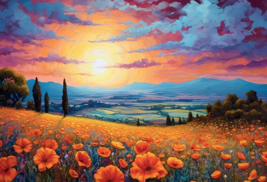 Beautiful painting captures a breathtaking vista adorned with vibrant flowers.