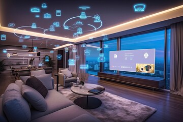  Smart home living room in the evening- made with Generative Ai