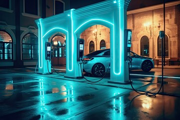 Electric vehicle charging station in the evening - made with Generative Ai