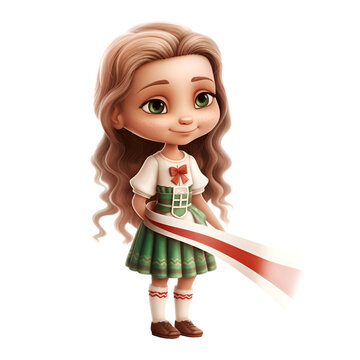 Cute cartoon girl with long curly hair in traditional Bavarian costume. Vector illustration.