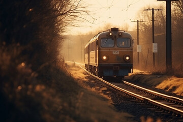 Naklejka na ściany i meble A nostalgic scene of a timeless and vintage train wagon against the backdrop of a captivating sunset, evoking a sense of nostalgia and tranquility. Ai generated