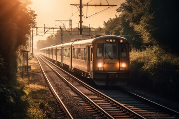 Fototapeta na wymiar A nostalgic scene of a timeless and vintage train wagon against the backdrop of a captivating sunset, evoking a sense of nostalgia and tranquility. Ai generated