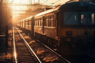 Fototapeta premium A nostalgic scene of a timeless and vintage train wagon against the backdrop of a captivating sunset, evoking a sense of nostalgia and tranquility. Ai generated