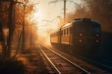 Fototapeta na wymiar A nostalgic scene of a timeless and vintage train wagon against the backdrop of a captivating sunset, evoking a sense of nostalgia and tranquility. Ai generated