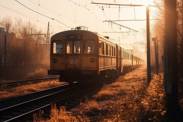 Plakat A nostalgic scene of a timeless and vintage train wagon against the backdrop of a captivating sunset, evoking a sense of nostalgia and tranquility. Ai generated