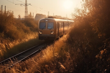 A nostalgic scene of a timeless and vintage train wagon against the backdrop of a captivating sunset, evoking a sense of nostalgia and tranquility. Ai generated