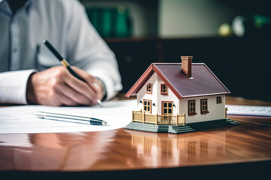 House model on the table. Man with pen sitting at bank office on background. Concept of mortgage, insurance and loan. Buying house, real estate. Generative AI