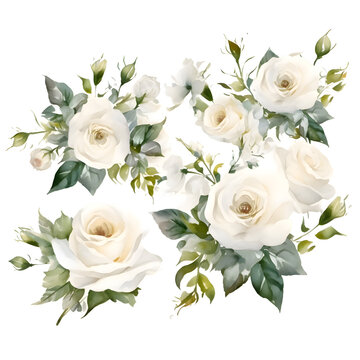 White roses bouquet isolated on white background. Watercolor illustration.