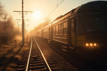 Fototapeta premium A nostalgic scene of a timeless and vintage train wagon against the backdrop of a captivating sunset, evoking a sense of nostalgia and tranquility. Ai generated