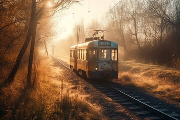 Naklejka na ściany i meble A nostalgic scene of a timeless and vintage train wagon against the backdrop of a captivating sunset, evoking a sense of nostalgia and tranquility. Ai generated
