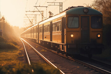 Obraz premium A nostalgic scene of a timeless and vintage train wagon against the backdrop of a captivating sunset, evoking a sense of nostalgia and tranquility. Ai generated