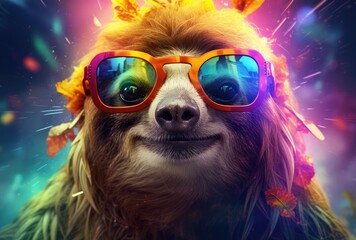 a bBth takes center stage. The sloth is adorned with vibrant hues, showcasing shades of blues, greens, yellows, and pinks.