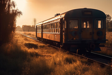 Obraz premium A nostalgic scene of a timeless and vintage train wagon against the backdrop of a captivating sunset, evoking a sense of nostalgia and tranquility. Ai generated