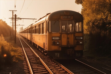 Obraz premium A nostalgic scene of a timeless and vintage train wagon against the backdrop of a captivating sunset, evoking a sense of nostalgia and tranquility. Ai generated