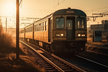 Fototapeta premium A nostalgic scene of a timeless and vintage train wagon against the backdrop of a captivating sunset, evoking a sense of nostalgia and tranquility. Ai generated