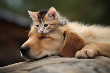 Fototapeta na wymiar A cat and a dog share a moment of happiness and trust, proving that true friendship knows no bounds. AI Generative.