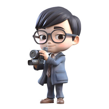 3D Illustration of a Little Boy with Glasses and a Camera