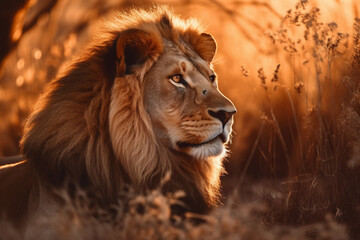 Fototapeta premium An awe inspiring sight of a massive lion majestically roaming the vast African savannah during the golden hues of sunset, showcasing the wild beauty of nature. Ai generated