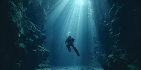 Scuba deep sea diver swimming in a deep ocean cavern . Underwater exploration. Into the abyss