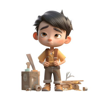 cartoon boy with tools on a white background. 3d rendering