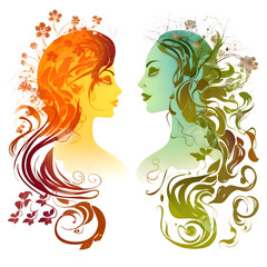 Silhouettes of women with floral hairstyle. Vector illustration.