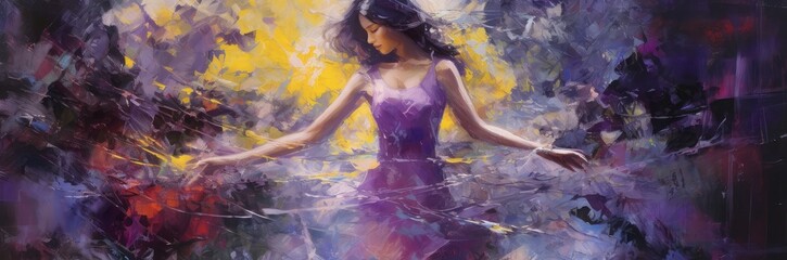 Woman is depicted wearing a stunning purple dress. The woman's figure is elegantly posed, exuding confidence and grace. The purple dress stands out prominently, symbolizing creativity and luxury.