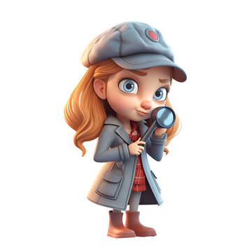 3d illustration of a cute cartoon detective girl with magnifying glass