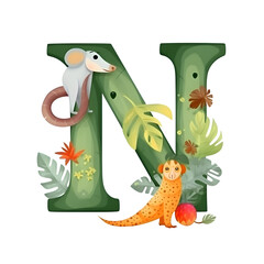 Alphabet letter N with cute animals and tropical leaves. Vector cartoon illustration.