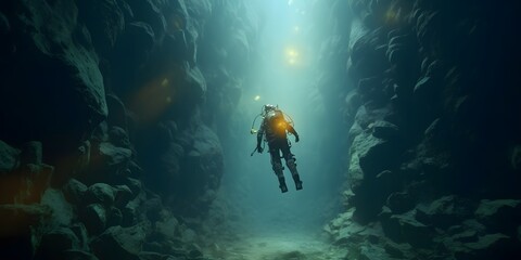 Fototapeta na wymiar Scuba deep sea diver swimming in a deep ocean cavern . Underwater exploration. Into the abyss