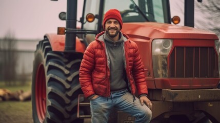 Fototapeta na wymiar Generative AI portrait smiling confident male farmer standing in front of tractor