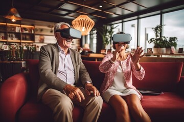 Obraz na płótnie Canvas Senior mature couple having fun together with virtual reality headset on sofa in the living room.Generated with AI.