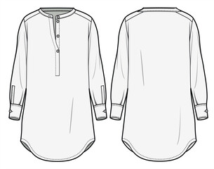 Chinese Collar Half Placket Long Sleeve Tunic Top, Henley Neck Kurta Front and Back View. Fashion Flat Sketch Vector Illustration, CAD, Technical Drawing, Flat Drawing, Template, Mockup. - obrazy, fototapety, plakaty