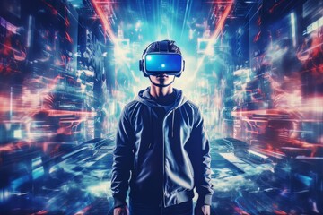 Modern man face in virtual reality glasses isolated on neon background AI