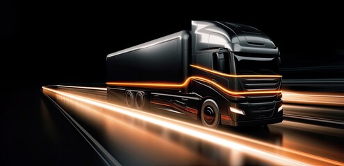 A powerful truck cuts through the darkness as it cruises along a smooth asphalt road. Its headlights pierce through the night, illuminating the way ahead. 