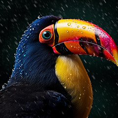 portrait of toucan in the rain over a dark background