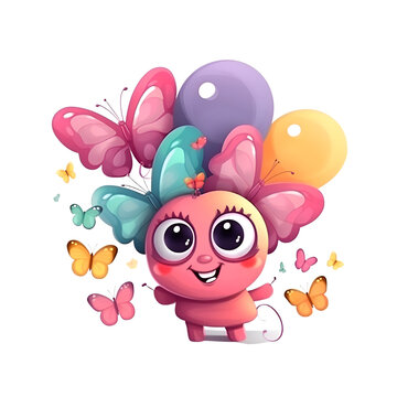 Cute cartoon butterfly with colorful balloons and butterflies. Vector illustration.