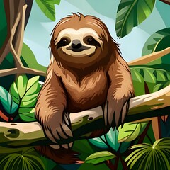 Cartoon image of cute, smiling sloth hanging on a branch in a lush, green forest
