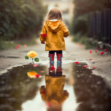 back image of a little child playing in a puddle, with flowers and flower petals around