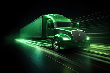 Truck speeds through the night, leaving streaks of light in its wake. The beams of light illuminate the surroundings, creating a mesmerizing display of motion and energy.