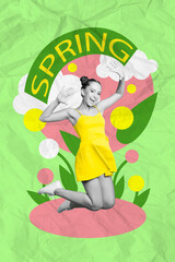 Vertical collage of excited black white gamma girl jumping enjoy spring isolated on painted green paper background