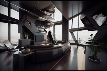 Fototapeta premium Futuristic apartment interior, penthouse with large panoramic windows and furniture. Abstract illustration.