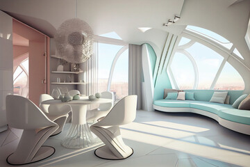 Futuristic apartment interior, penthouse with large panoramic windows and furniture. Abstract illustration.