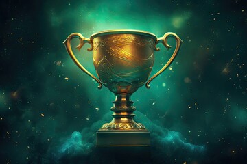  Gold trophy cup gleams with pride as it takes center stage against a vibrant green background adorned with twinkling stars. - obrazy, fototapety, plakaty