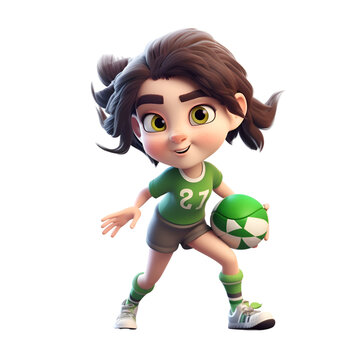 3d rendering of a cute cartoon girl playing soccer isolated on white background