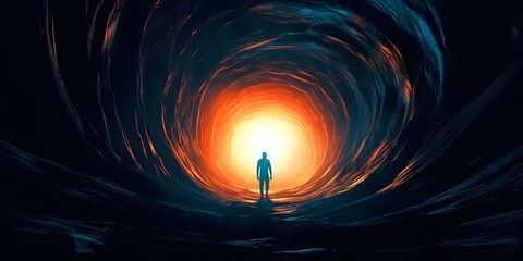 Staring into the abyss. Light at the end of the tunnel. Abstract silhouette background wallpaper