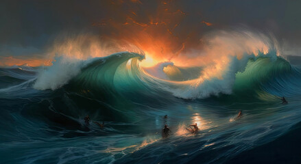 Generative AI illustration digital abstract impressionism painting of Atlantis people riding massive waves during sunset storm - obrazy, fototapety, plakaty