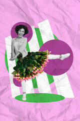 Vertical collage picture of positive black white gamma girl dancing flowers skirt isolated on...