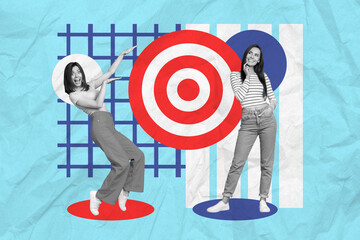 Collage picture of two black white colors girls contemplate overjoyed dance big darts board target...