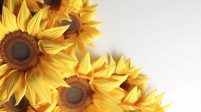 Sunflowers on a white background with copy space for text. Generative AI.